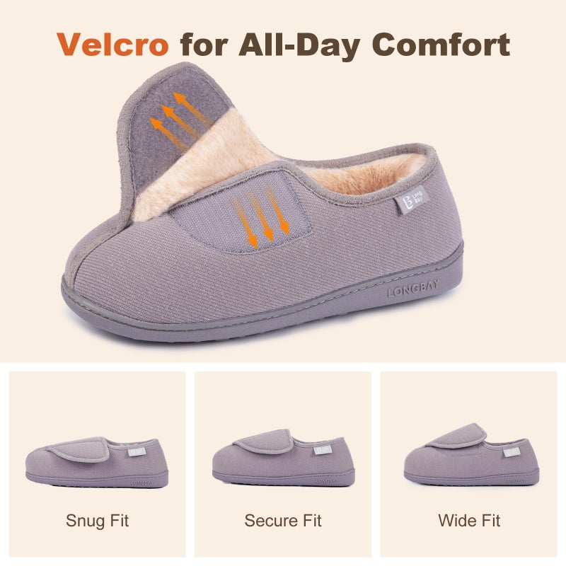 LongBay Womens Adjustable Slippers Memory Foam Cozy Wide Diabetic House Shoes Edema Orthopedic Neuropathy Indoor Outdoor (9 B(M), Gray) - Image 3